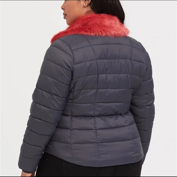 Torrid 2X (18-20) Coat Puffer Jacket Gray Coral Removable Faux Fur Collar Plus - Picture 8 of 10